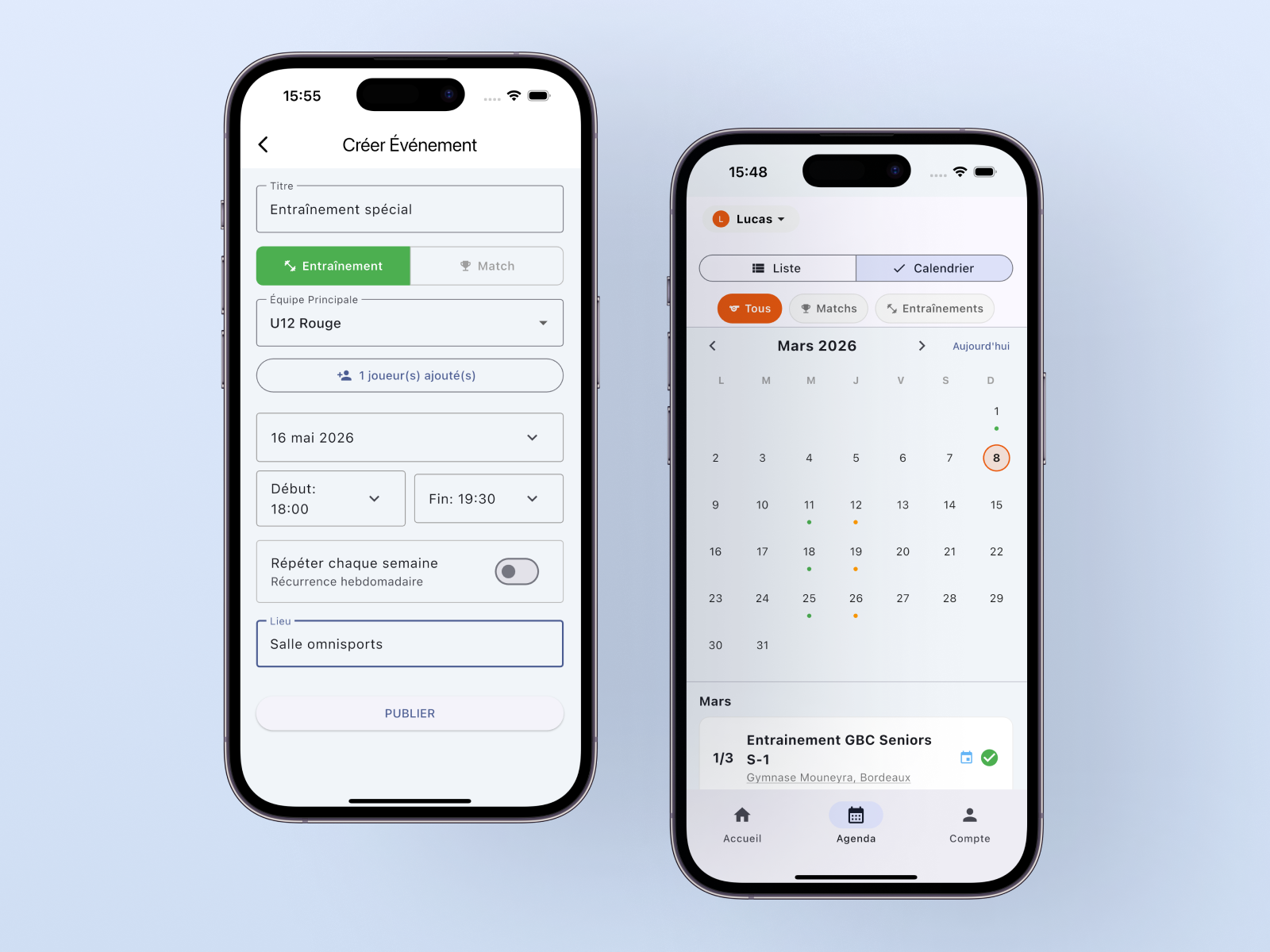 Vue du calendrier et planning des événements dans l'application Peryod