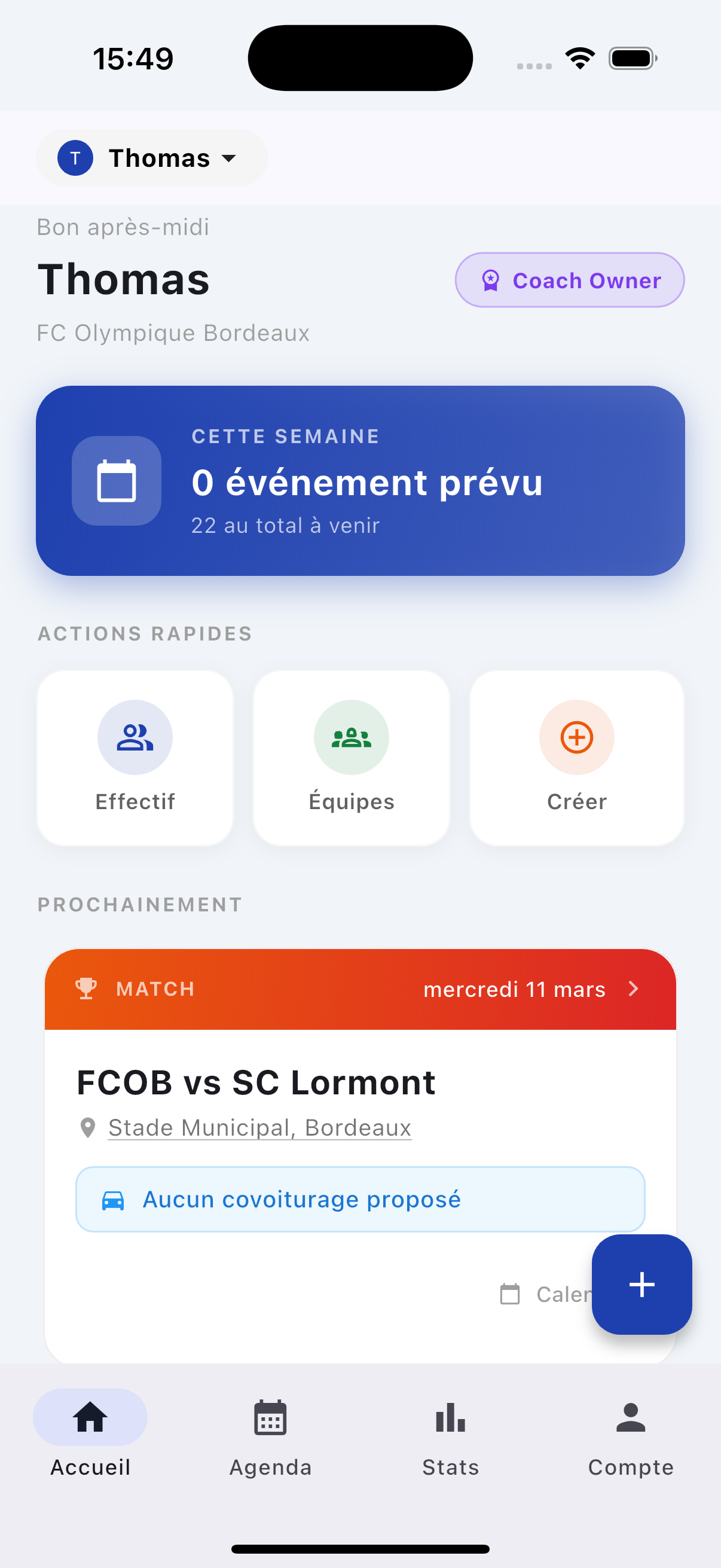 Interface du tableau de bord coach Peryod — gestion multi-équipes