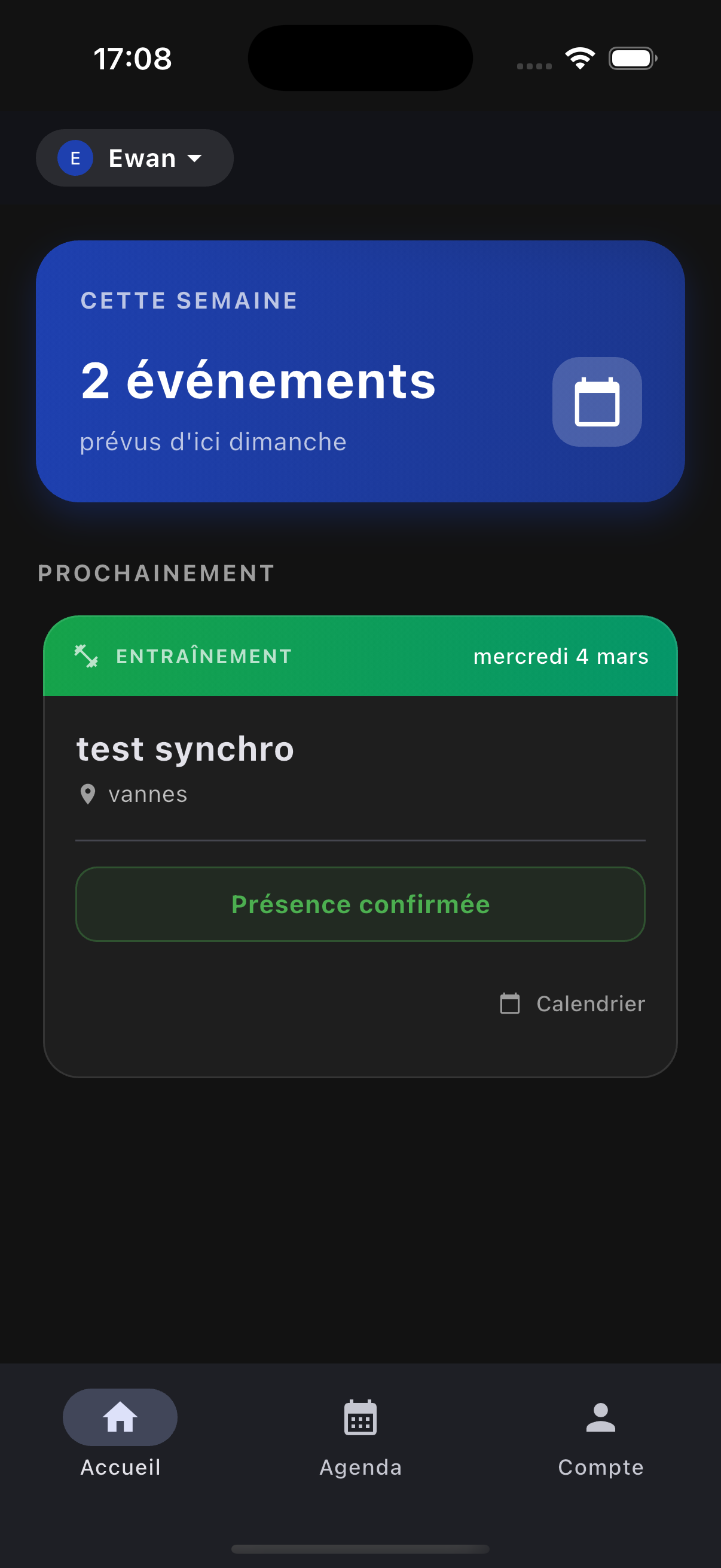 Capture d'écran de l'application Peryod sur iPhone — vue du tableau de bord équipe